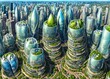 Virtuelle Ansichten der Stadt der Zukunft. Mit begrünten Fassaden und mutiger Architektur, vertikale Begrünung