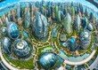Virtuelle Ansichten der Stadt der Zukunft. Mit begrünten Fassaden und mutiger Architektur, vertikale Begrünung