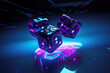 © Nacci - Futuristic floating neon dice, Glowing and full of energy, Casino gambling dice roll concept, 3D render, created with Generative AI