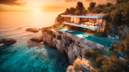 Wall Mural - A breathtaking view of a modern, stylish villa by the sea at sunset, radiating serenity and elegance