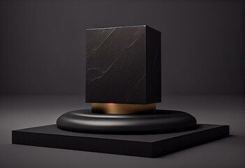 Black stone podium stand on minimal pedestal stage 3d background of abstract fabric empty product display mockup platform or cosmetic presentation showcase and beauty fashion studio. Generative AI
