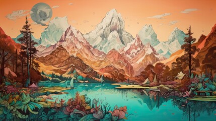 Colored illustration of a natural landscape mountains and a lake in the summer. Generative AI.