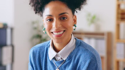 Poster - Happy, business and face of woman in office with smile for confidence, success mindset and startup. Company, professional and portrait of female entrepreneur at desk for planning, growth and pride