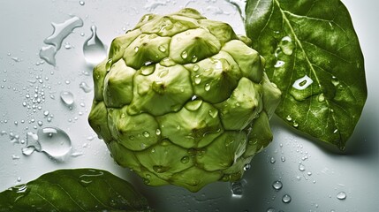 Wall Mural - Custard apple or sugar apple with slice and green leaf isolated on white background, exotic tropical Thai annona or cherimoya fruit, healthy food