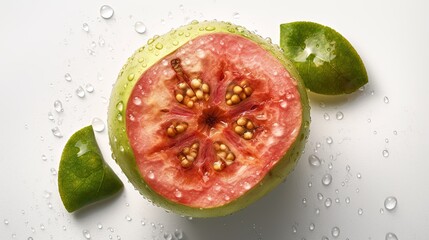 Wall Mural - guava with leaf and water drops on white background. Close up