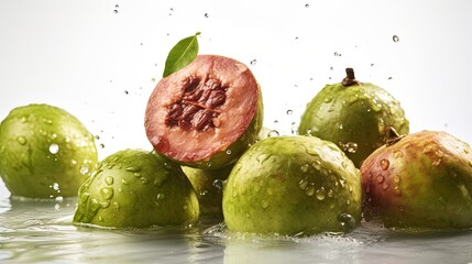 Wall Mural - guava with leaf and water drops on white background. Close up