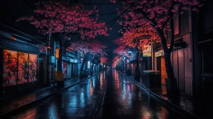 night in the city pink Sophora affinis Eve's Necklace japonica trees in japan