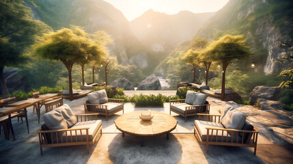 Wall Mural - A panoramic view of a luxurious outdoor lounge area surrounded by majestic mountains and crystal-clear streams