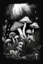 A Black And White Drawing Of Mushrooms On Background. Generative Ai.