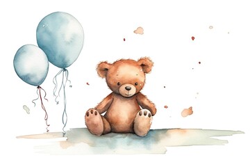 illustration of a teddy bear with balloons and garland done by hand in watercolor on a white backdro