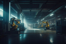 Generative AI Image Of Yellow Robot Arms In Futuristic Industrial Factory Warehouse With Metal Details