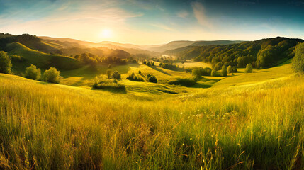 Poster - A radiant early morning panorama capturing the lush, serene beauty of sun-kissed meadows and hills