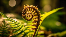 A Captivating Close-up Of A Gracefully Unfurling Fern Amidst Dappled Sunlight In A Summer Forest