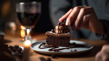 Wall Mural - A piece of chocolate cake on a white plate. AI generative image