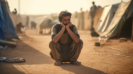 Canvas Print - A refugee man sitting on the ground in front of tents. AI generative image