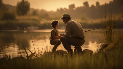 Poster - A man and a child fishing on a lake. AI generative image