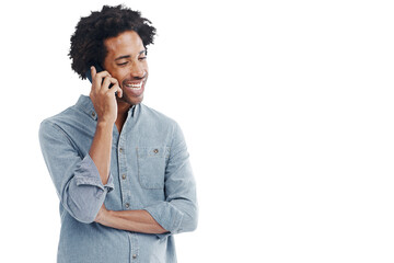 man, talking and phone call for communication or conversation isolated on transparent, png backgroun