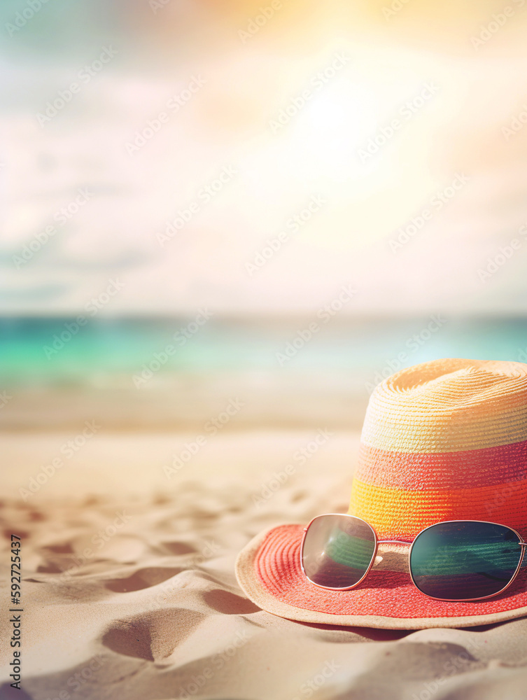 Vibrant beach straw hat and sunglasses on sand on sea shore. Summer ...