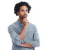 © Heyt/peopleimages.com - Man, thinking and idea with hand on chin on a transparent, png background. Black male model with hand gesture while contemplating plan or strategy with space and alpha channel for advertising