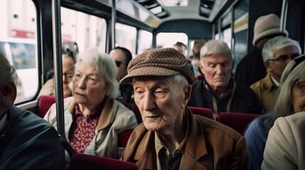 Wall Mural - A group of elderly people sitting on a bus. AI generative image