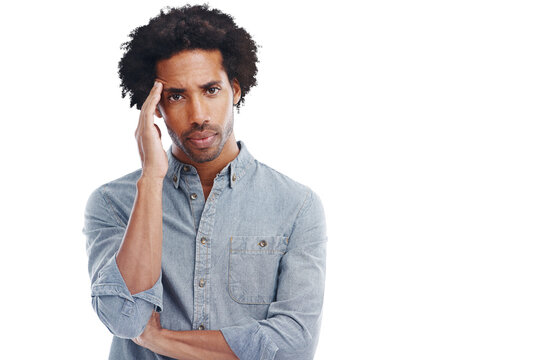Portrait, anxiety and PNG with a man isolated on a transparent background while suffering from a headache. Mental health, burnout and stress with an exhausted male feeling overworked or in pain