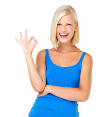 Wall Mural - OK hand, happy woman and portrait isolated on a transparent, png background success sign, thanks or agreement. Like, yes and okay emoji and face of young person or model smile for winning and goals