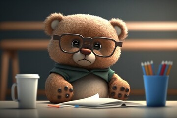back to school. teddy bear student with eyeglasses reading a book in classroom. generative ai