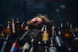 Homeless alcoholic sleeps outside in a city street next to a pile of beer bottles. Alcoholism concept, doomed life. Generative AI.