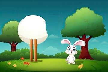 Poster - cartoon rabbit with a blank sign at a park. Generative AI