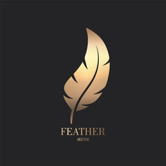 Wall Mural - Vector Fluffy Golden Color Feather Logo Icon, Silhouette Feather Closeup Isolated. Design Template of Flamingo, Angel, Bird Feather. Lightness, Freedom Concept