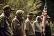Group of veterans of different generations gathered around a flagpole, saluting the flag. Memorial day Generative AI