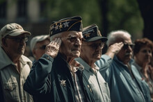 Group Of Veterans Of Different Generations Gathered Around A Flagpole, Saluting The Flag. Memorial Day Generative AI