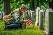 A volunteer placing flags on the graves of fallen soldiers in a military cemetery. Memorial day Generative AI