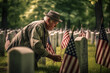 A volunteer placing flags on the graves of fallen soldiers in a military cemetery. Memorial day Generative AI