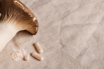 mushrooms and natural herbal pills on textile gray background. environmental friendly , healthy lifestyle, medical supplement concept. copy space.