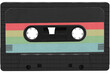 Black audio cassette with a colored label. High resolution isolated on a transparent background