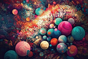 A Dynamic Display of Spring: Elegant and Ornate Multi-Coloured Ball Pattern Illustration for Wallpaper Art Decoration. Generative AI