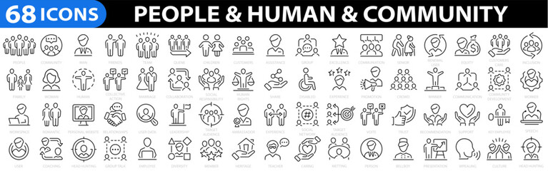 People & Community 68 icon set. Human icon set. People, social, diversity, village, relationships, support, group, family, human, team, community, friends, population, senior, children, team. Vector