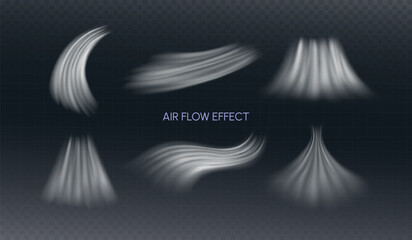 Air Flow Effect. White Wind Stream Waves Isolated on Dark Background. Fresh Breeze Waves From Conditioner Illustrations