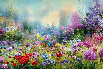 Watercolor flowers landscape background, abstract flowers made from watercolor paint splashes summer landscape, impressionism style illustration. Generative AI.