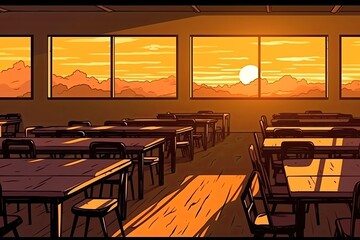 Wall Mural - Background of a classroom with no students or teachers. with a window-side glow at sunset. Generative AI