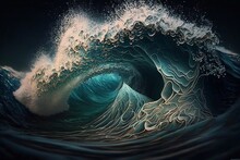 Ocean Waves Rolling Up With Foamy Crests. AI