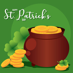 Wall Mural - Cauldron with golden coins and clovers Saint patrick day poster Vector