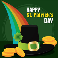 Wall Mural - Traditional irish hat with golden coins and rainbow Patrick day poster Vector