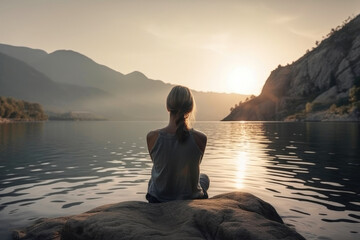 Wall Mural - Rear view of a woman in sportswear meditating while sitting on the shore of the lake against the backdrop of mountains. Generative AI