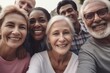 © Nokhoog - Group of multigenerational people smiling in front of camera, Multiracial friends od different ages having fun together caucasian senior faces,generative ai.