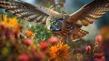 Stunning Illustration Of Flying Owl On Spring Field Full Of Bright Wild Flowers. Forest Bird Portrait. Splash Screen Or Sketchbook Cover Template. Outdoor Background. AI Generative Image.