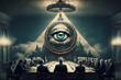 Illuminati meeting, all seeing eye pyramid, concept of secret societies, elite rulers, occultism and masonic conspiracies
