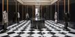 Showroom de lujo, tienda de moda en París,  salón de mármol negro, vestidor inspirado en un palacio renacentista, hecho con IA