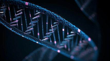 DNA molecular structure with sequencing data of human genome analysis on dark background.